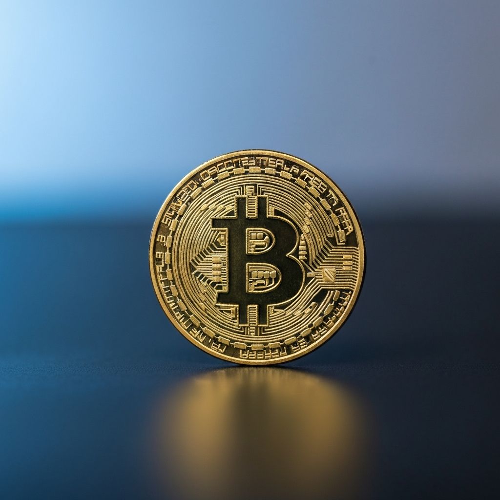 Bitcoin novčić na tamnoj podlozi s plavim osvjetljenjem