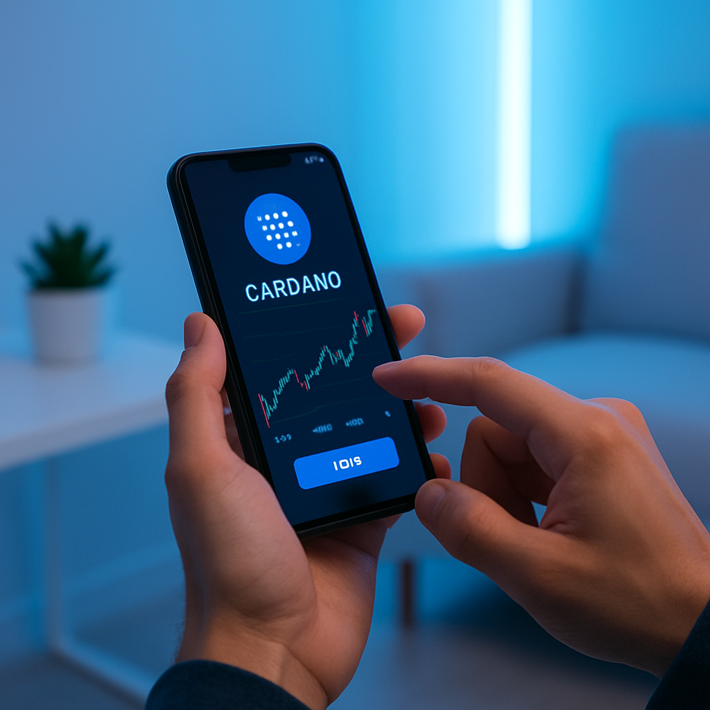 Osoba koristi mobilnu aplikaciju za trgovanje Cardano ADA kriptovalutom