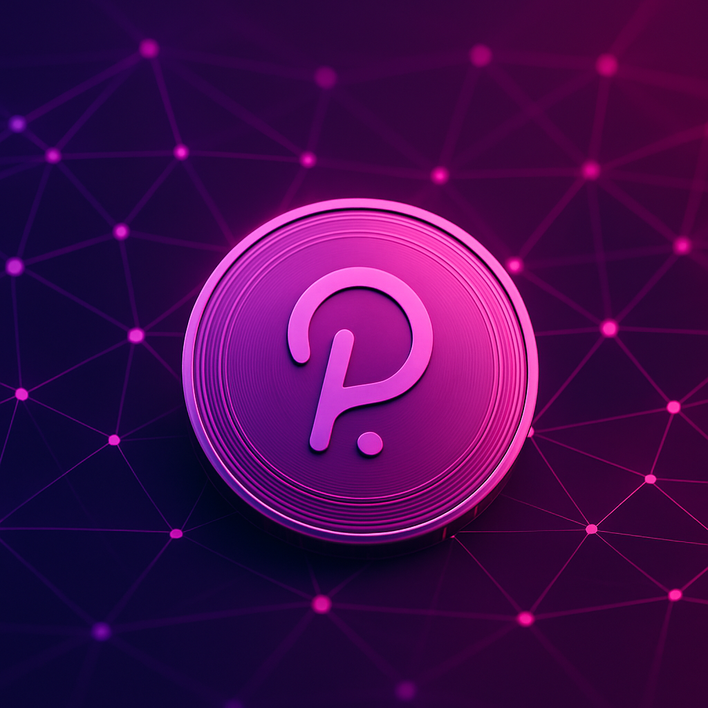 Polkadot DOT kriptovaluta coin s ružičastim i ljubičastim osvjetljenjem