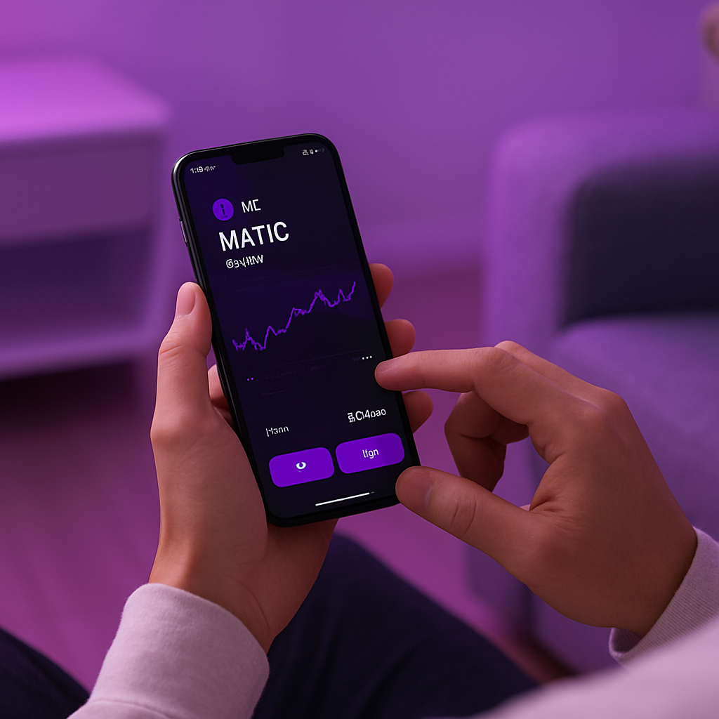 Osoba koristi mobilnu aplikaciju za trgovanje Polygon MATIC kriptovalutom