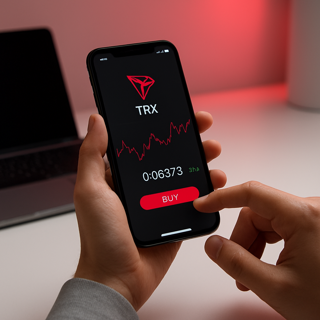Osoba koristi mobilnu aplikaciju za trgovanje Tron TRX kriptovalutom